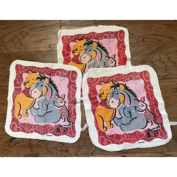 Lot of 3 Vintage 90s Disney Winnie the Pooh Eeore Piglet Hearts Washcloths